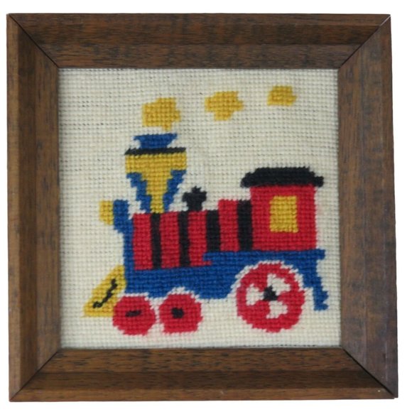 Train Engine Needlepoint Finished Framed Embroidery Triptych Effect Vintage - Picture 2 of 9